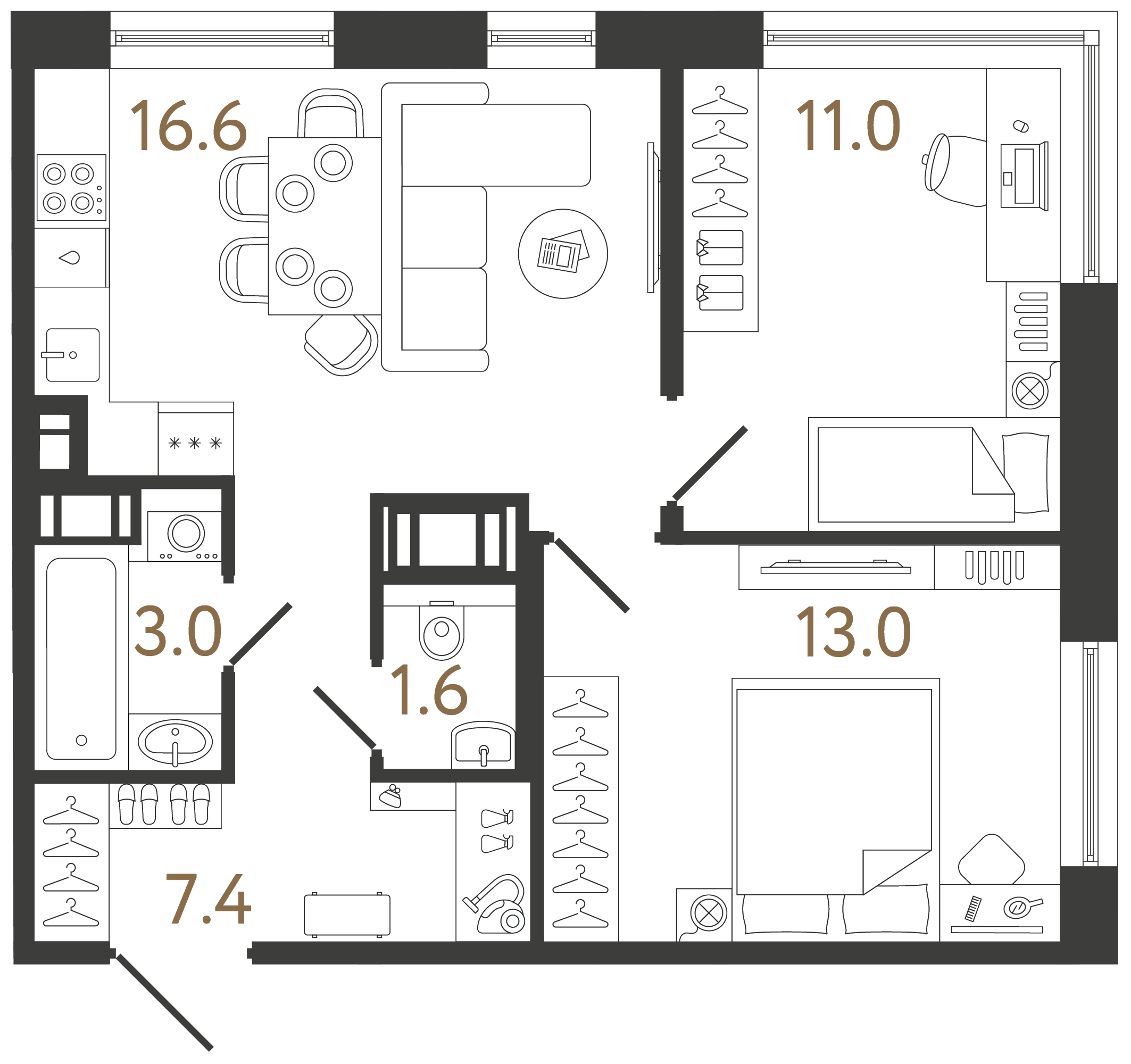 Двухкомнатная квартира 52.6 м²