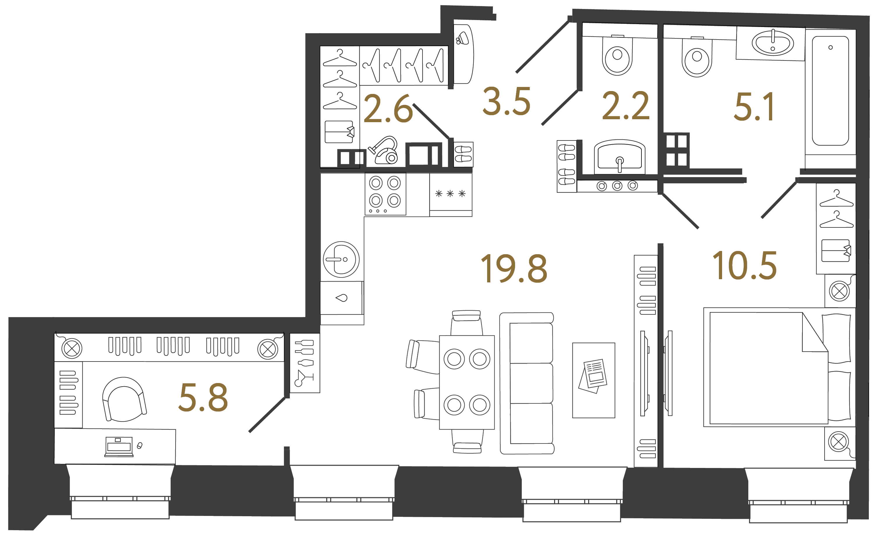 Двухкомнатные апартаменты 49.5 м²