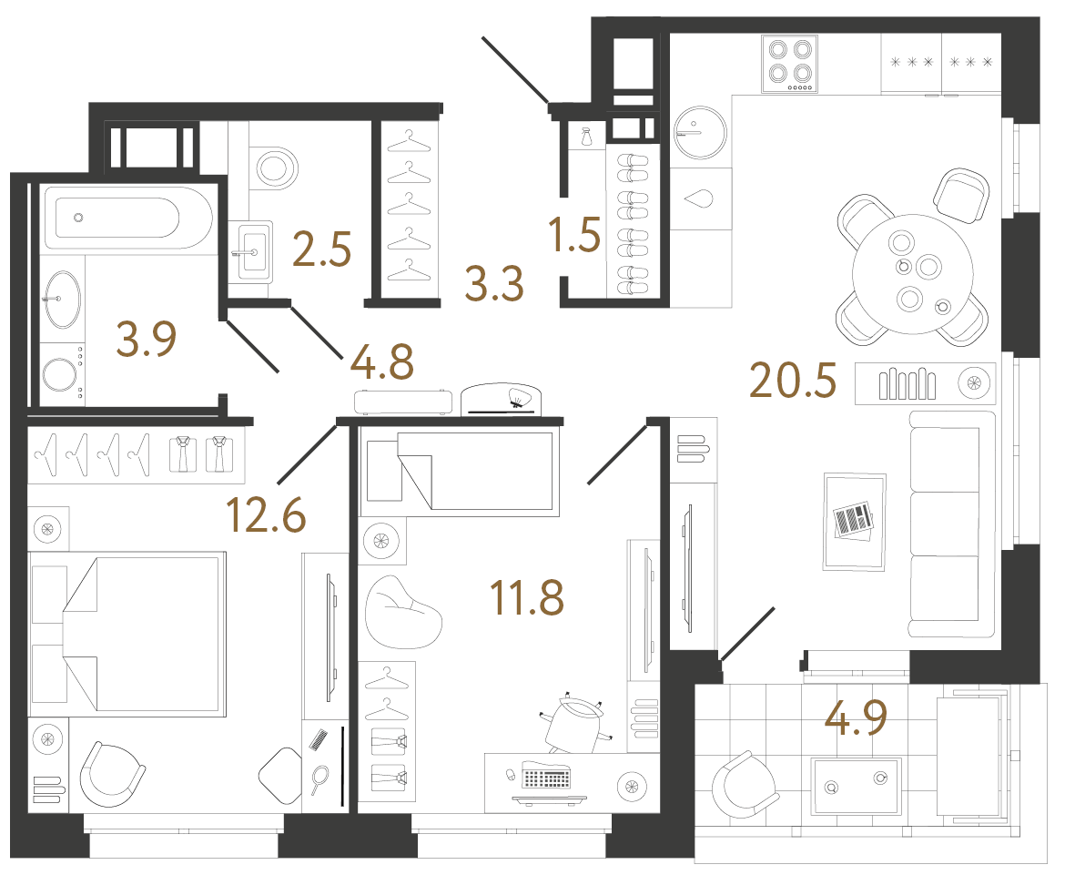 Двухкомнатная квартира 60.9 м²