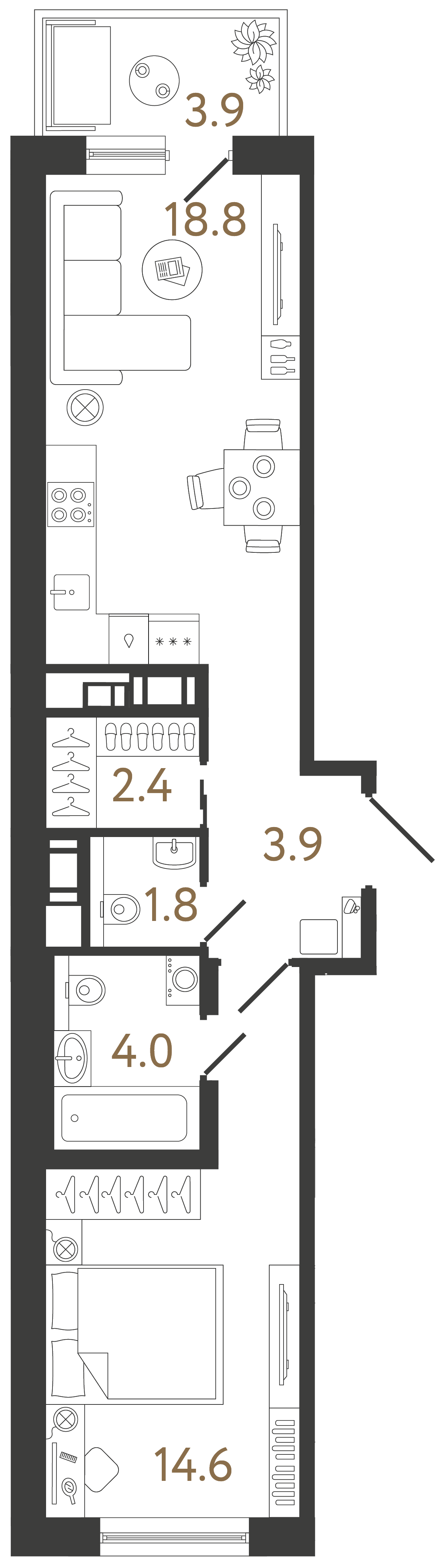 Однокомнатная квартира 45.5 м²