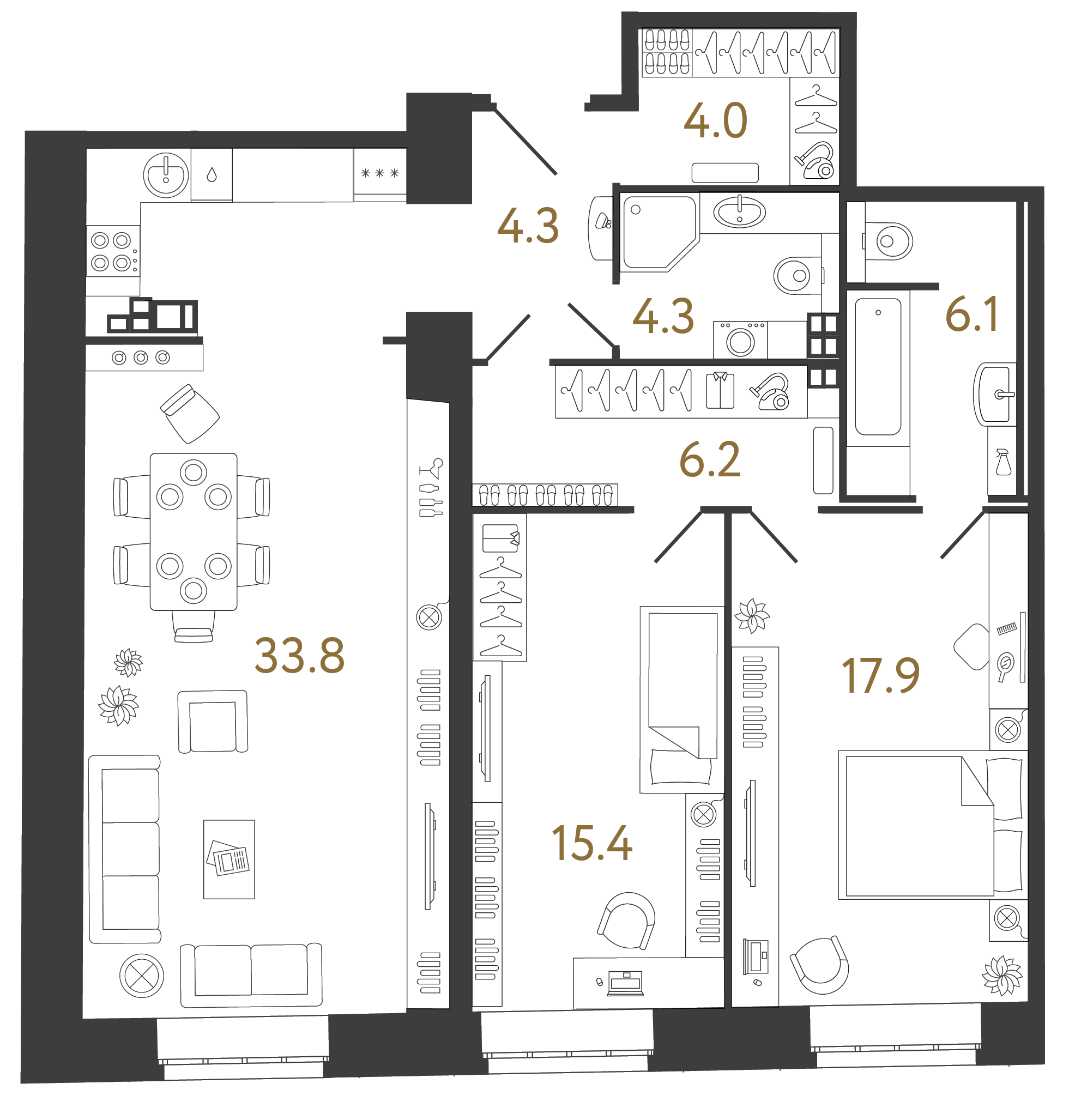 Двухкомнатные апартаменты 92 м²