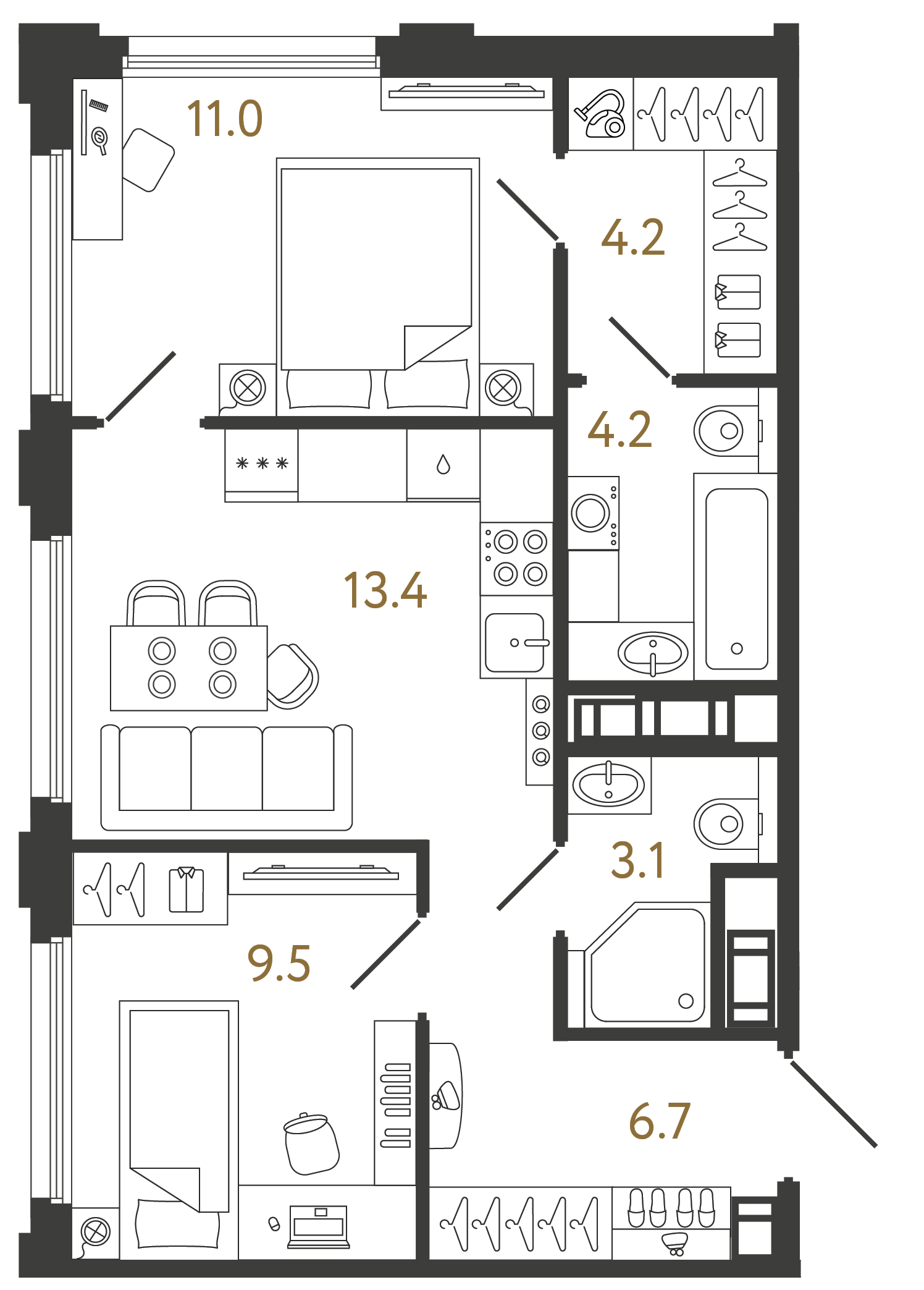 Двухкомнатная квартира 52.1 м²