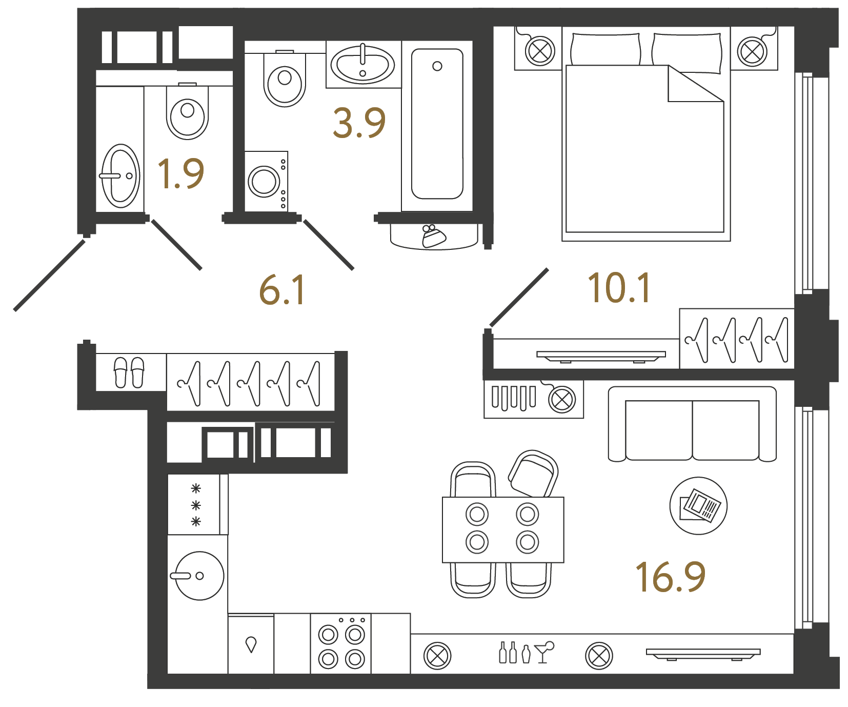 Однокомнатная квартира 38.9 м²