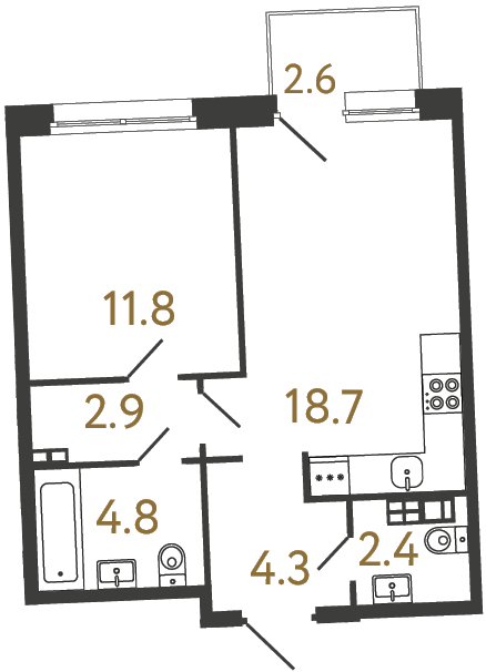 Однокомнатная квартира №21 в ЖК Цвет Зеленогорска - 44.9 м²  - №2