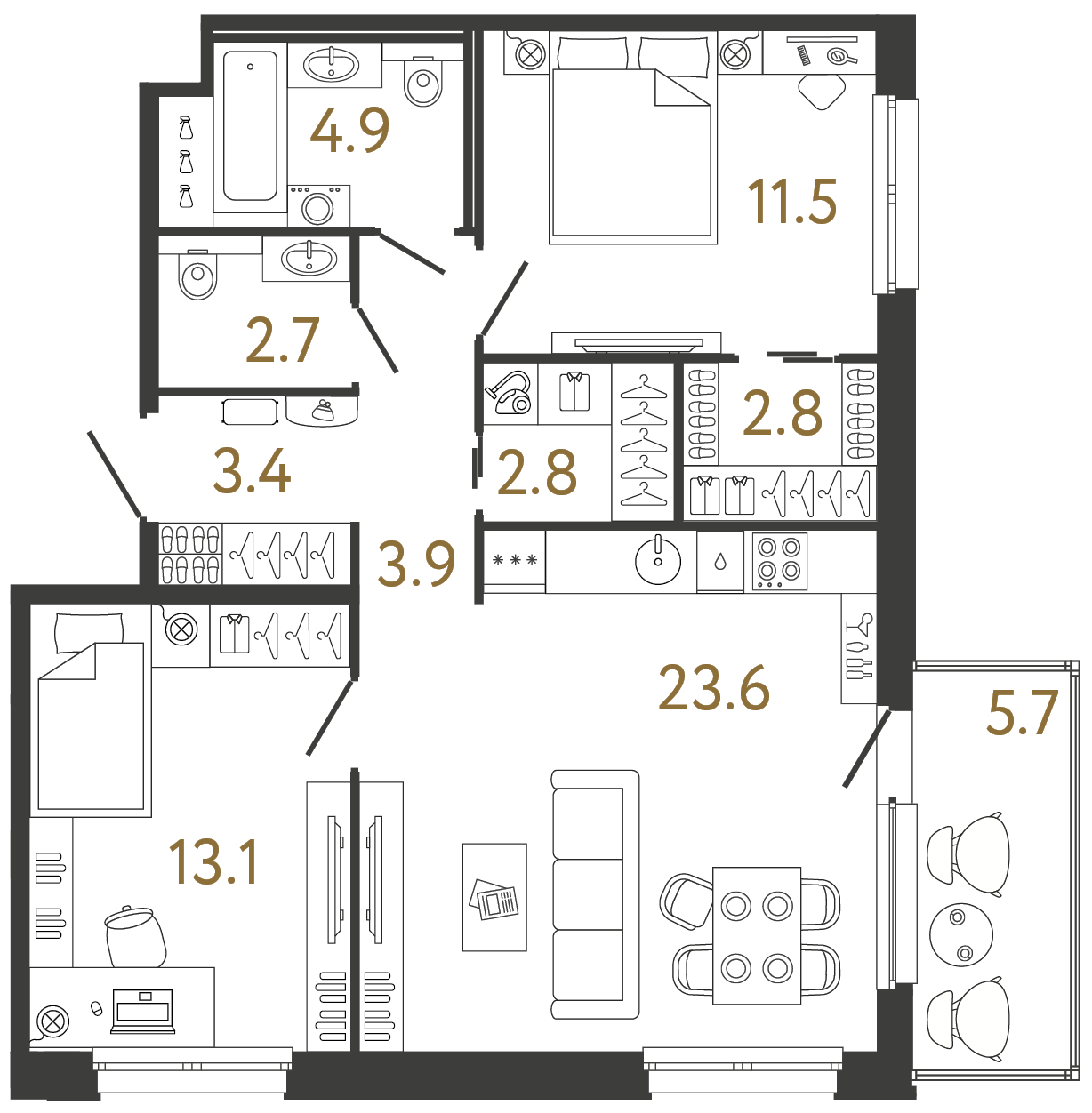 Двухкомнатная квартира 68.7 м²