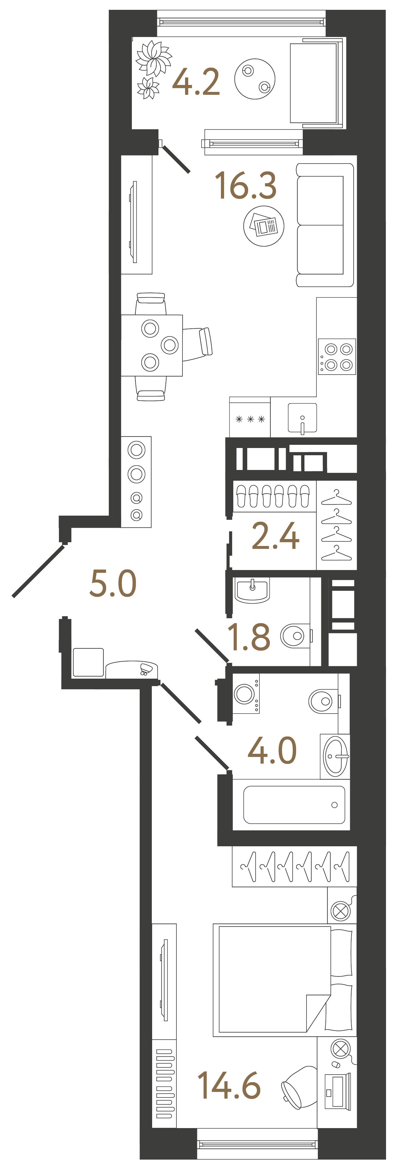 Однокомнатная квартира 44.1 м²