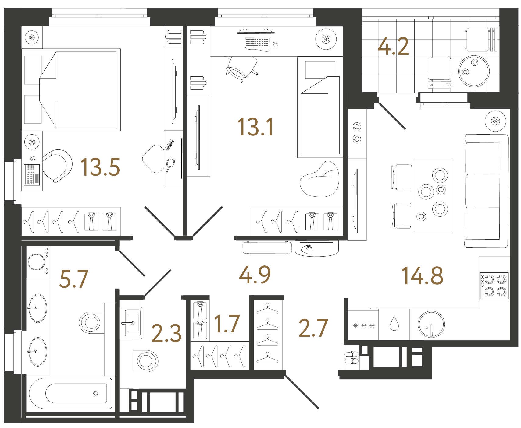 Двухкомнатная квартира 58.7 м²