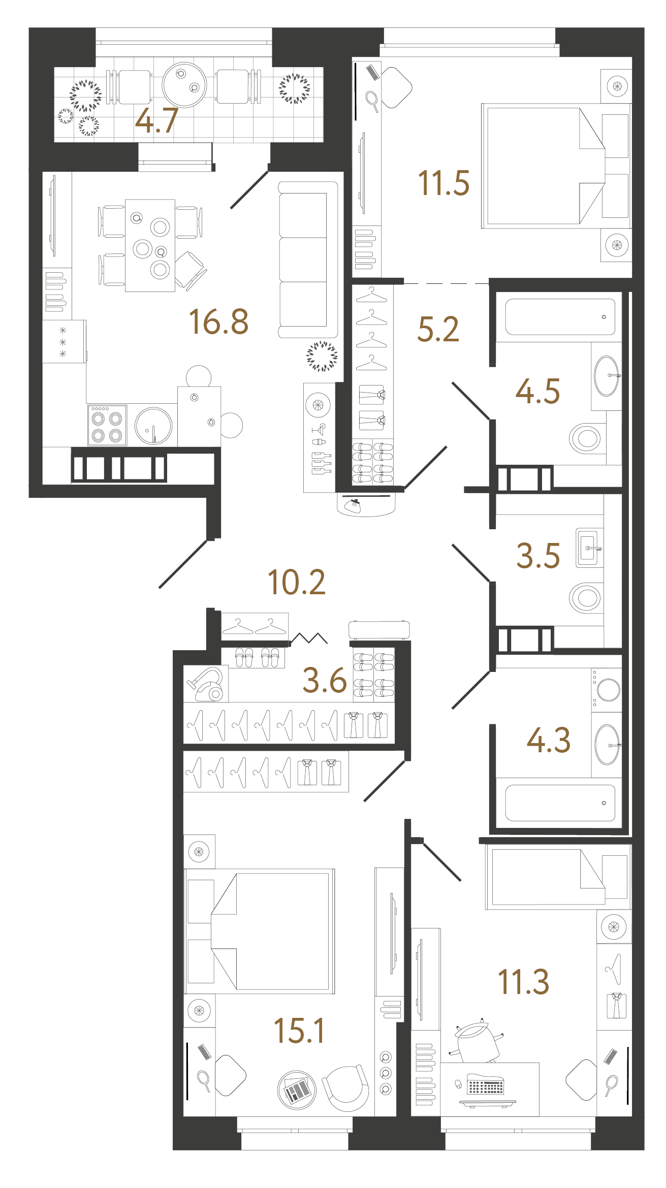 Трёхкомнатная квартира 86 м²