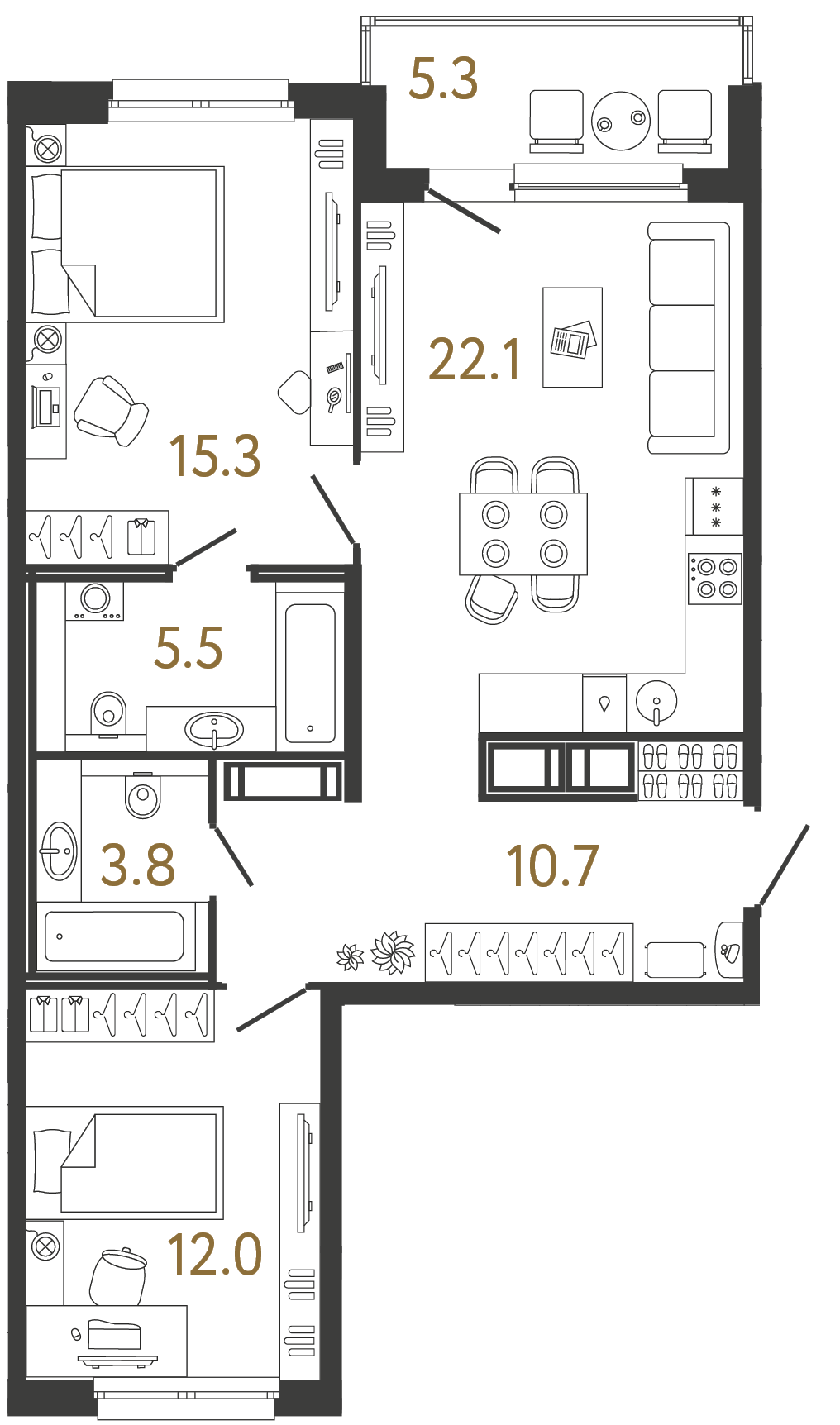 Двухкомнатная квартира 69.4 м²