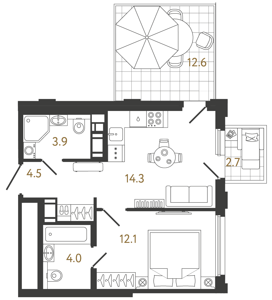 Однокомнатная квартира 38.8 м²