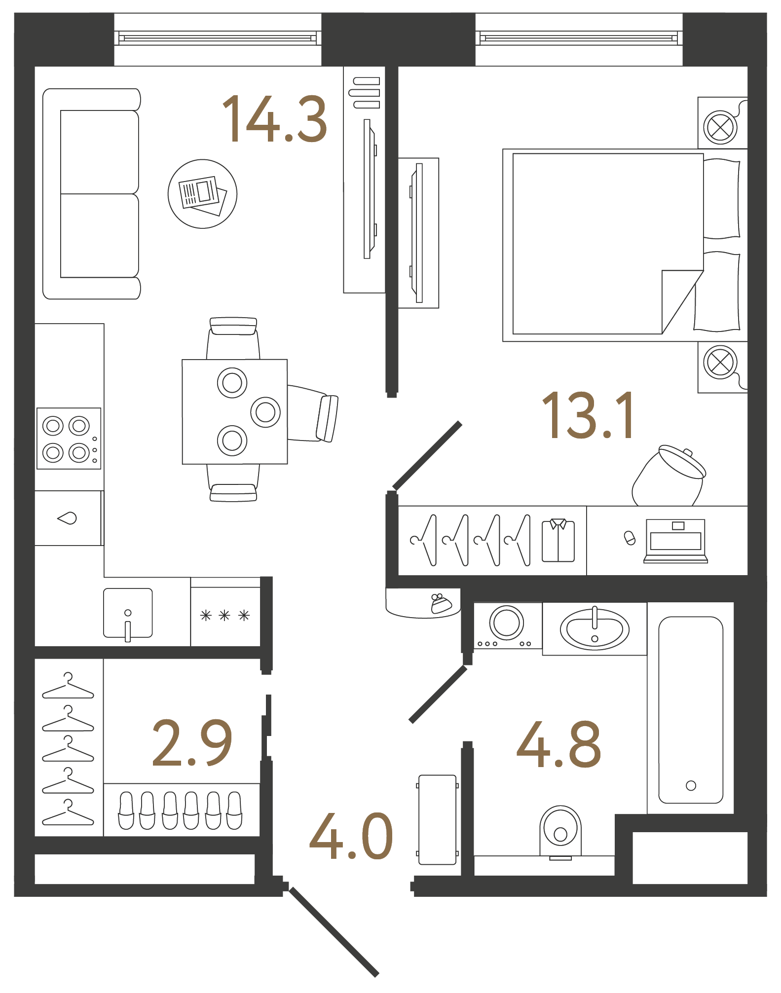 Однокомнатная квартира 39.1 м²