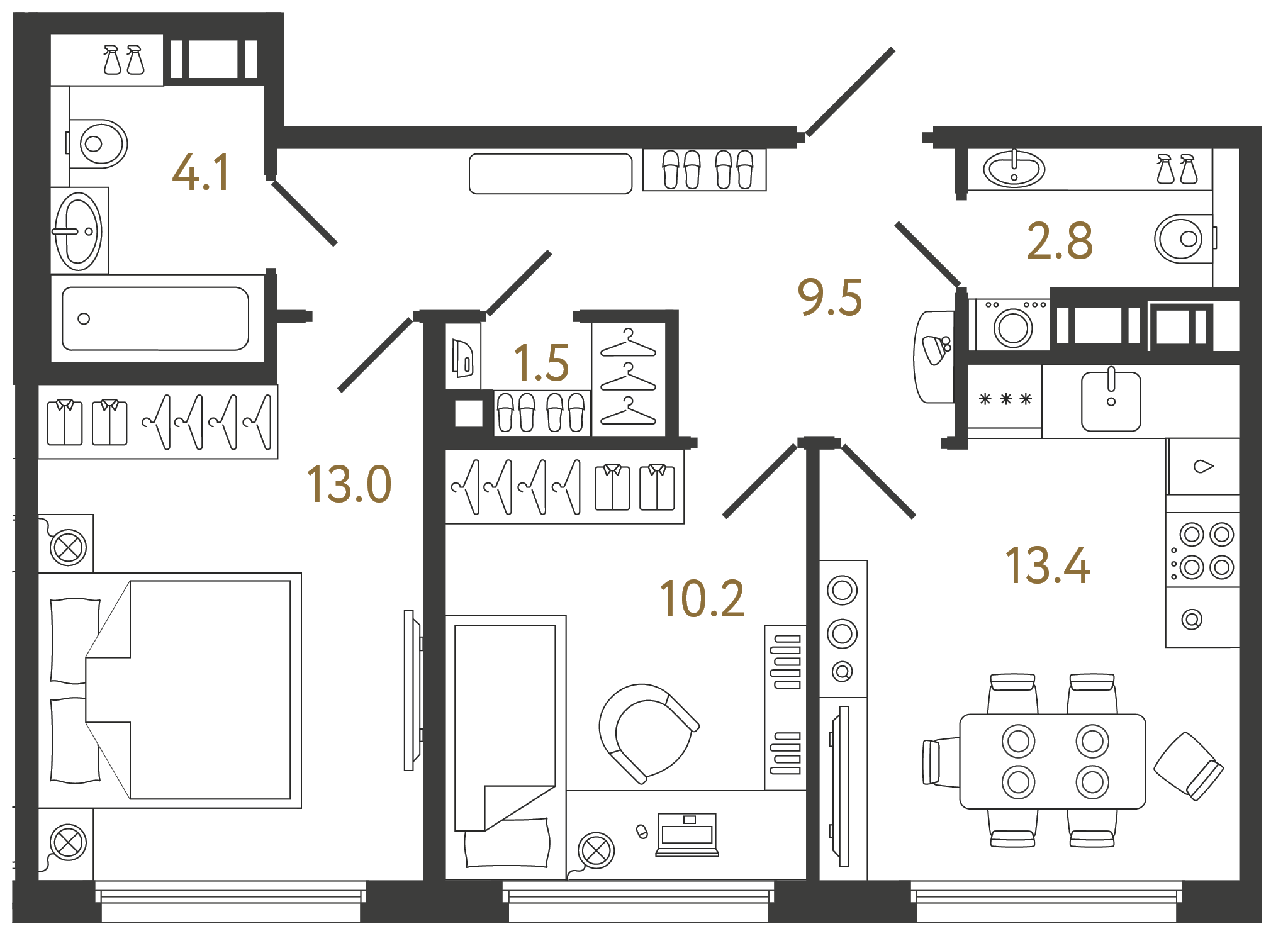 Двухкомнатная квартира 54.5 м²