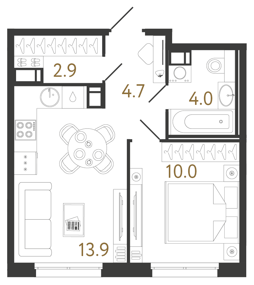 Однокомнатная квартира 35.5 м²