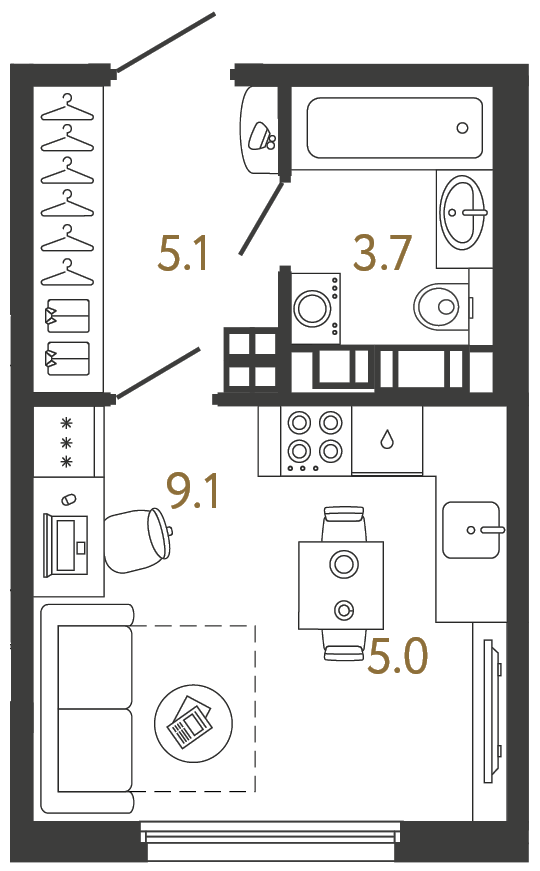Студия 22.9 м²