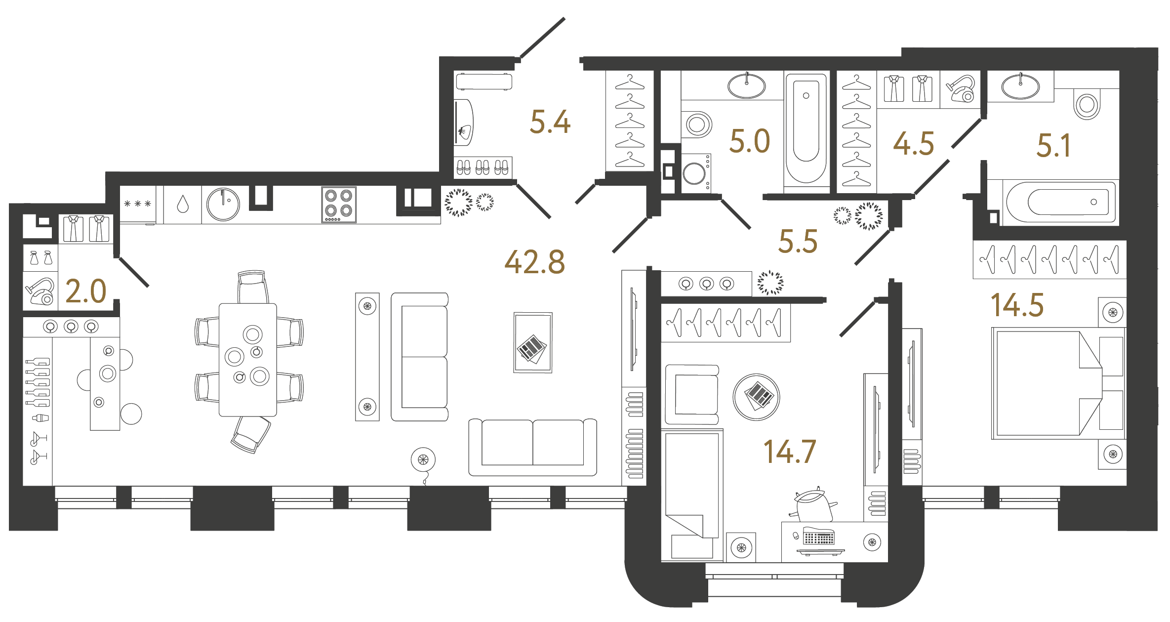 Двухкомнатная квартира 99.5 м²