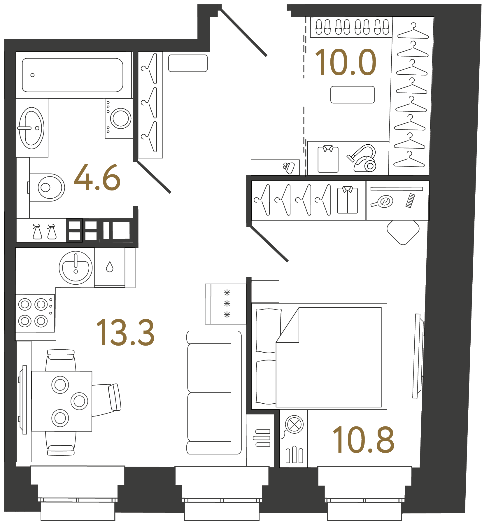 Однокомнатные апартаменты 38.7 м²