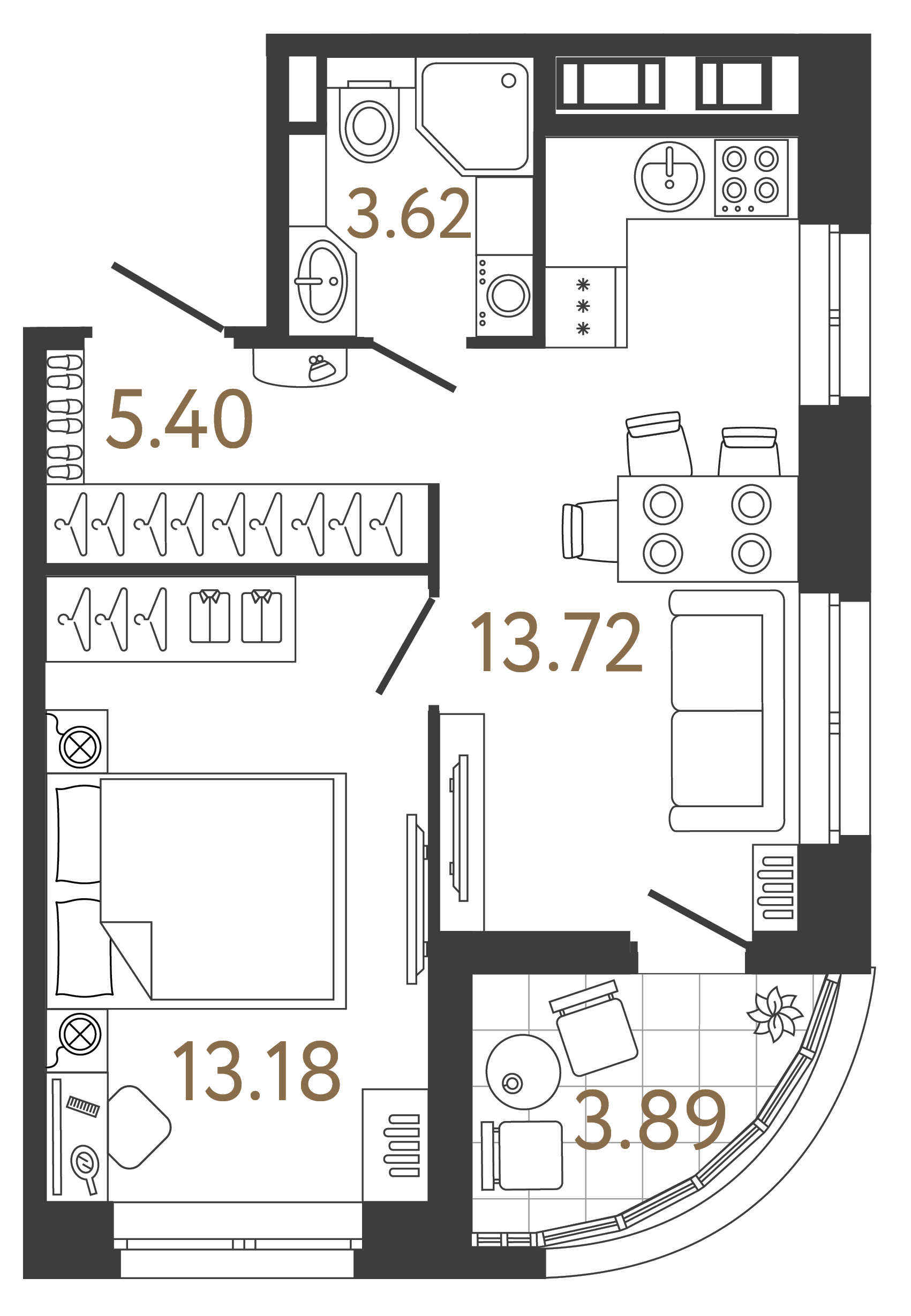 Однокомнатная квартира 35.92 м²