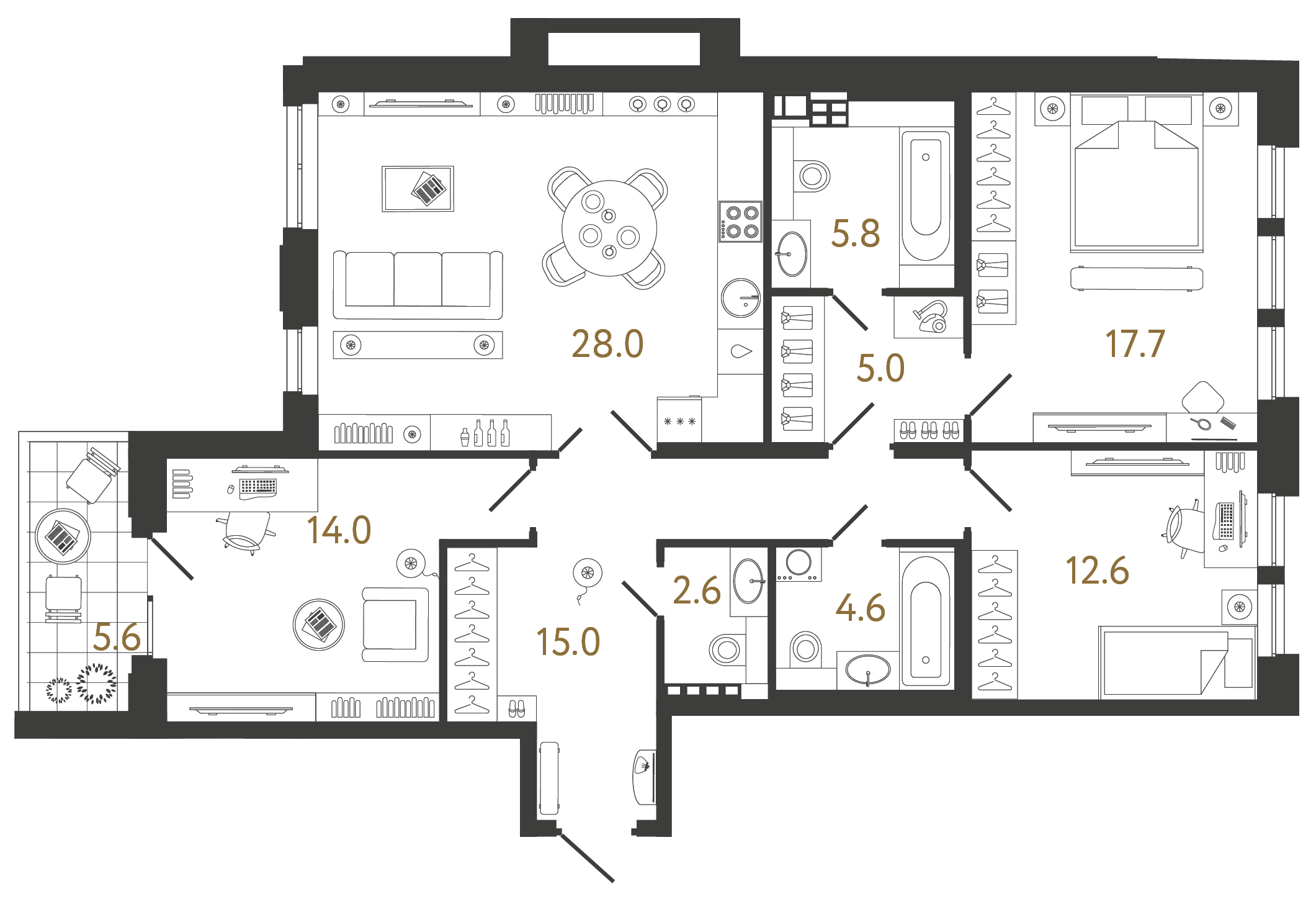 Трёхкомнатная квартира 105.3 м²