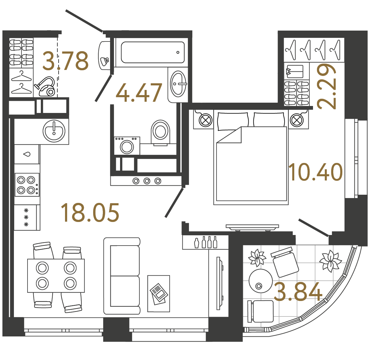 Однокомнатная квартира 38.99 м²