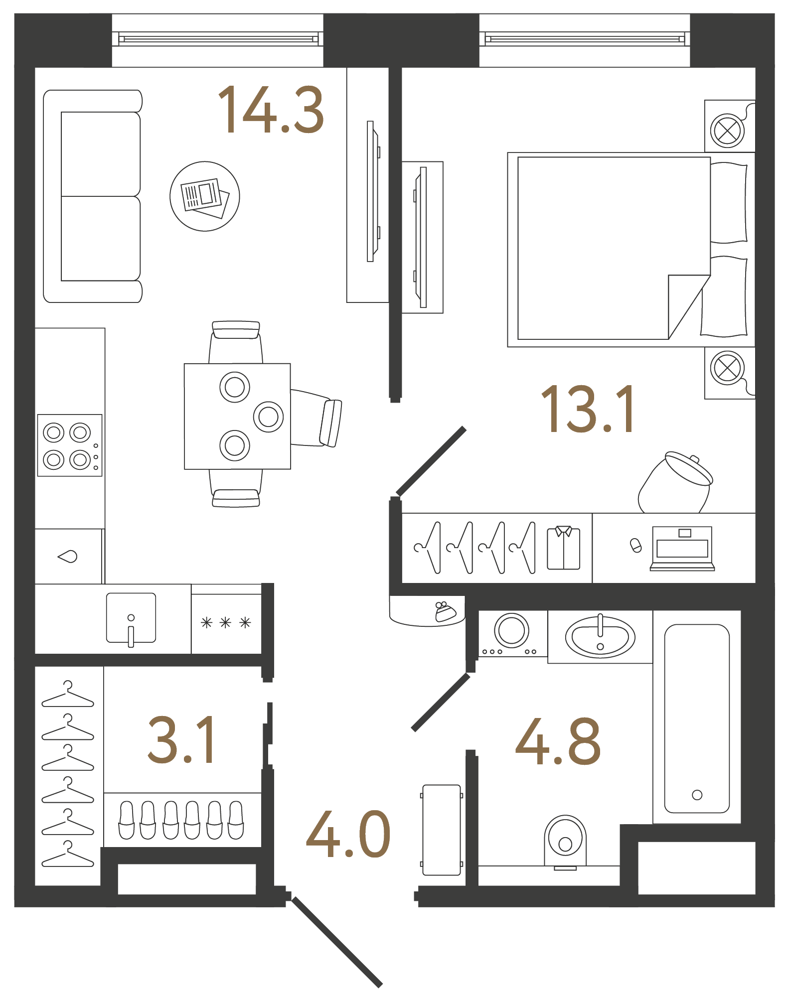 Однокомнатная квартира 39.3 м²