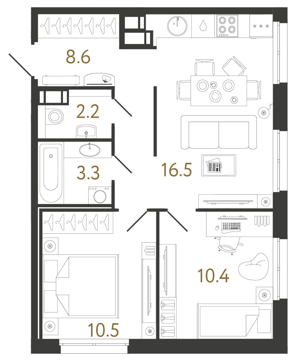 Двухкомнатная квартира 51.5 м²