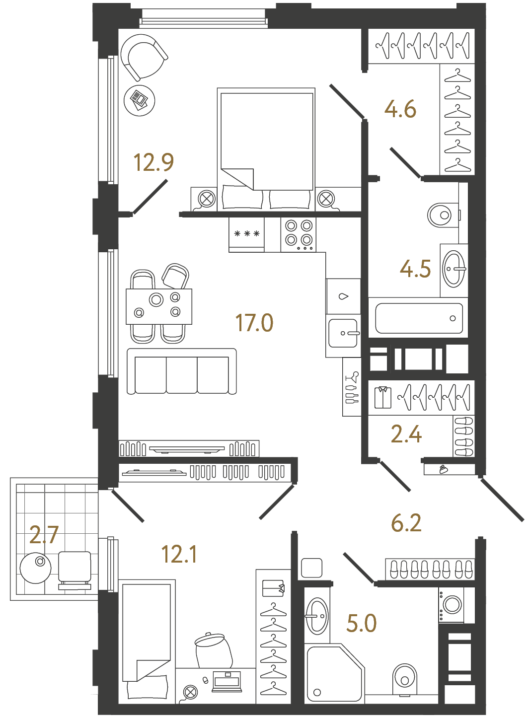 Двухкомнатная квартира 64.7 м²