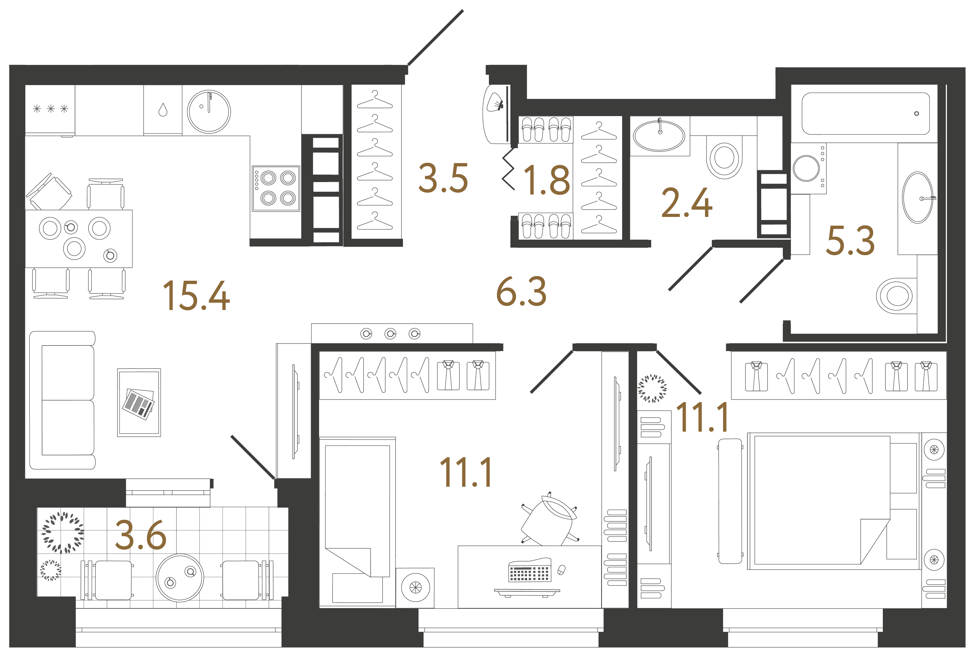 Двухкомнатная квартира 58 м²