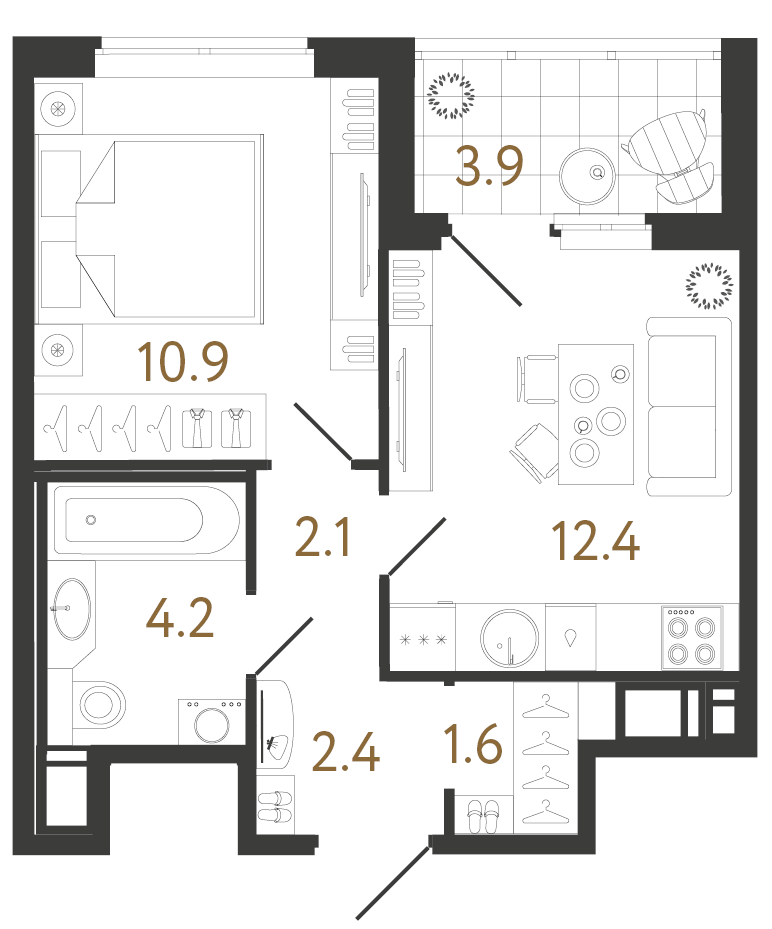 Однокомнатная квартира 33.6 м²