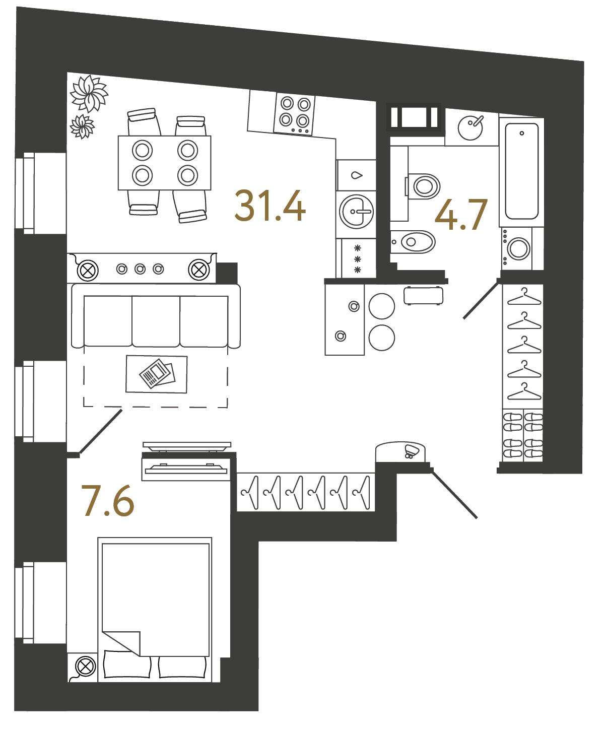 Однокомнатный номер 43.7 м²