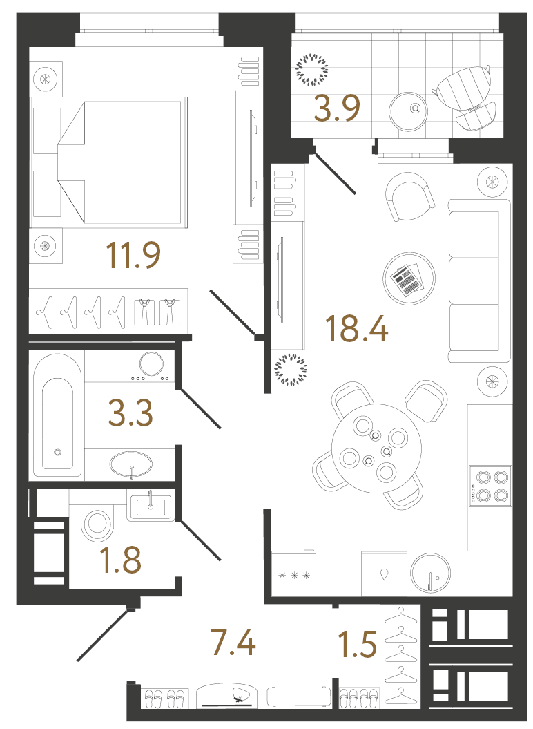 Однокомнатная квартира 44.3 м²