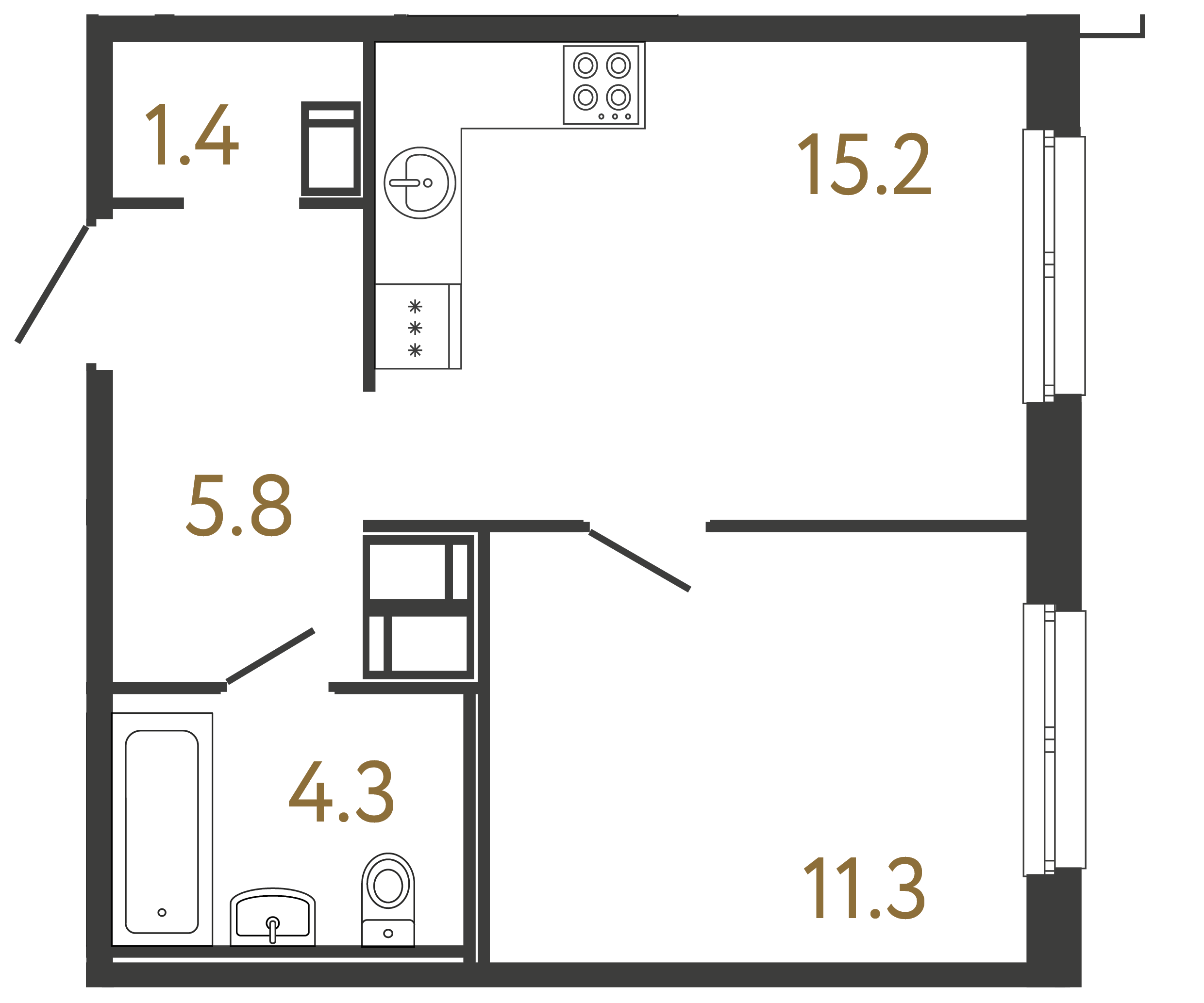 Однокомнатная квартира 38 м²