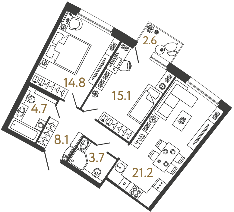 Двухкомнатная квартира 67.6 м²