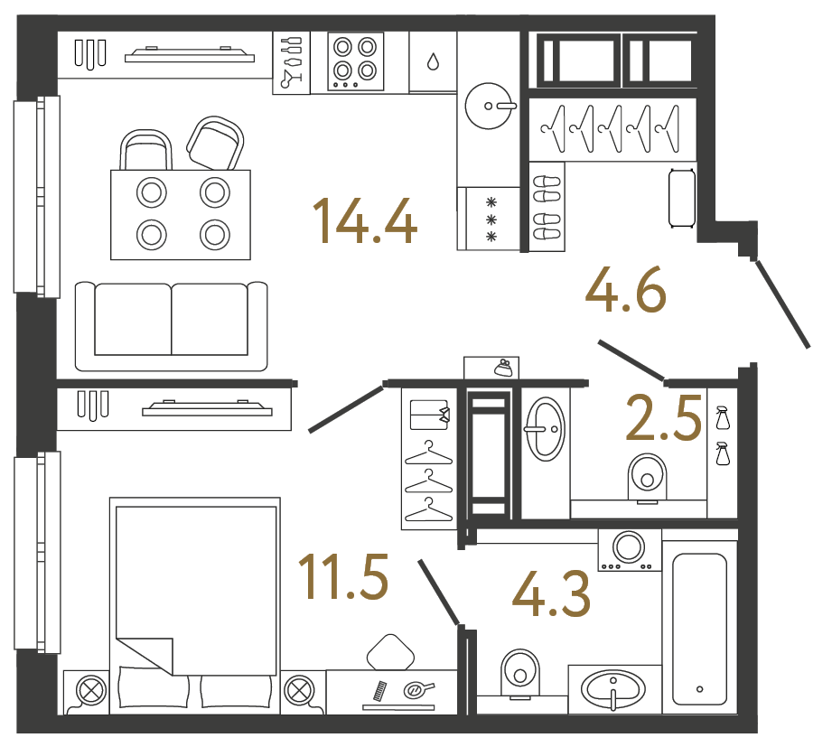 Однокомнатная квартира 37.3 м²