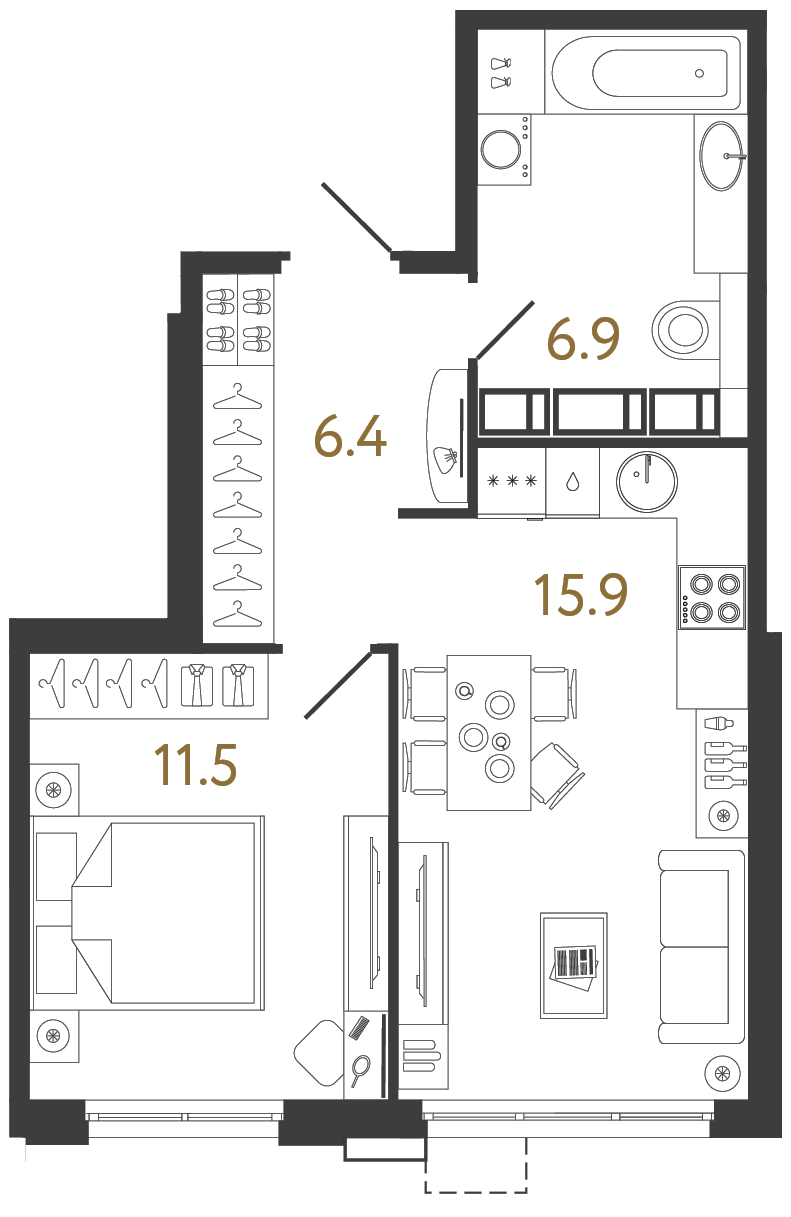 Однокомнатная квартира 40.7 м²