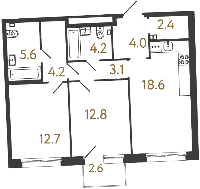 Двухкомнатная квартира №35 в ЖК Цвет Зеленогорска - 67.6 м²  - №2