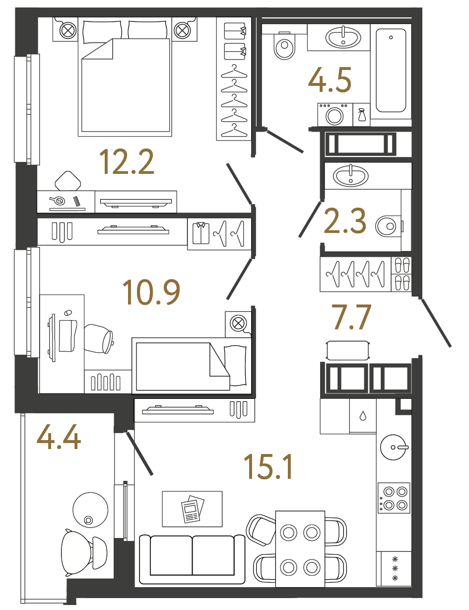 Двухкомнатная квартира 52.7 м²