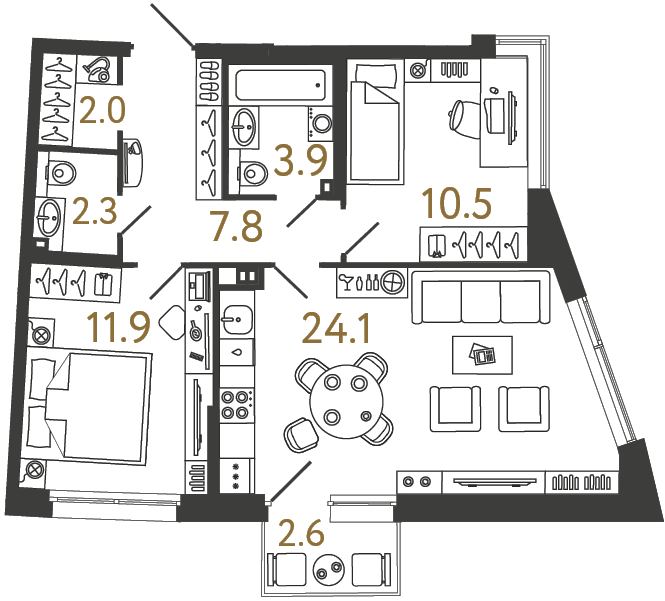 2-комнатная 62.5 м², 3 этаж
