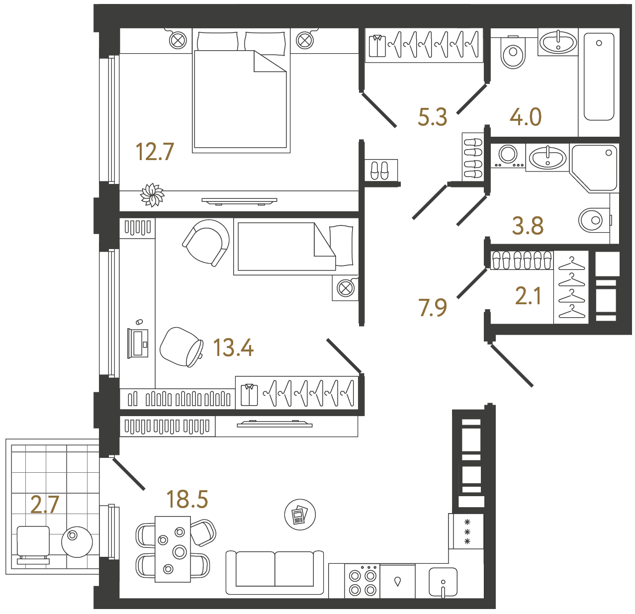 Двухкомнатная квартира 67.7 м²