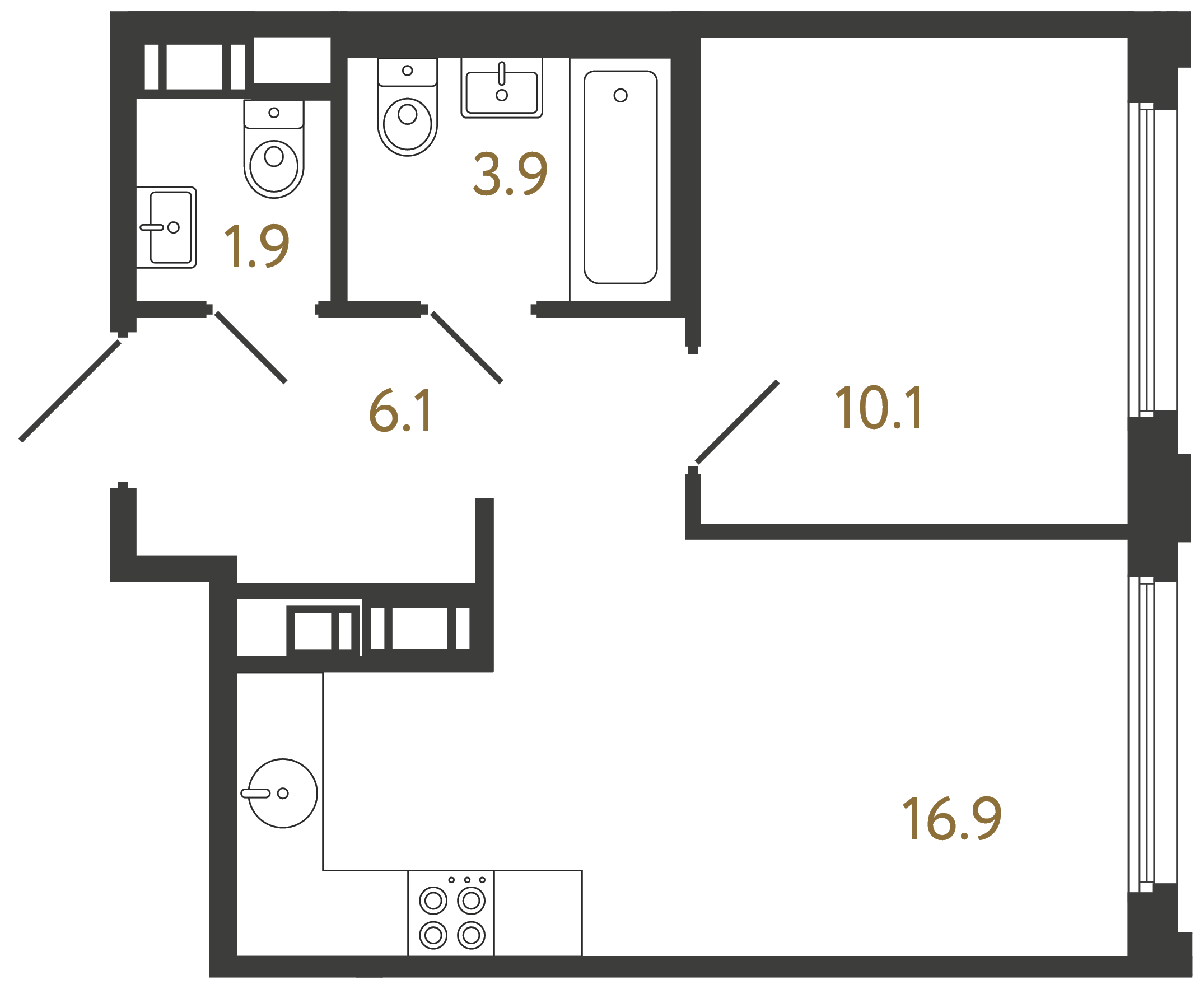 Однокомнатная квартира 38.9 м²