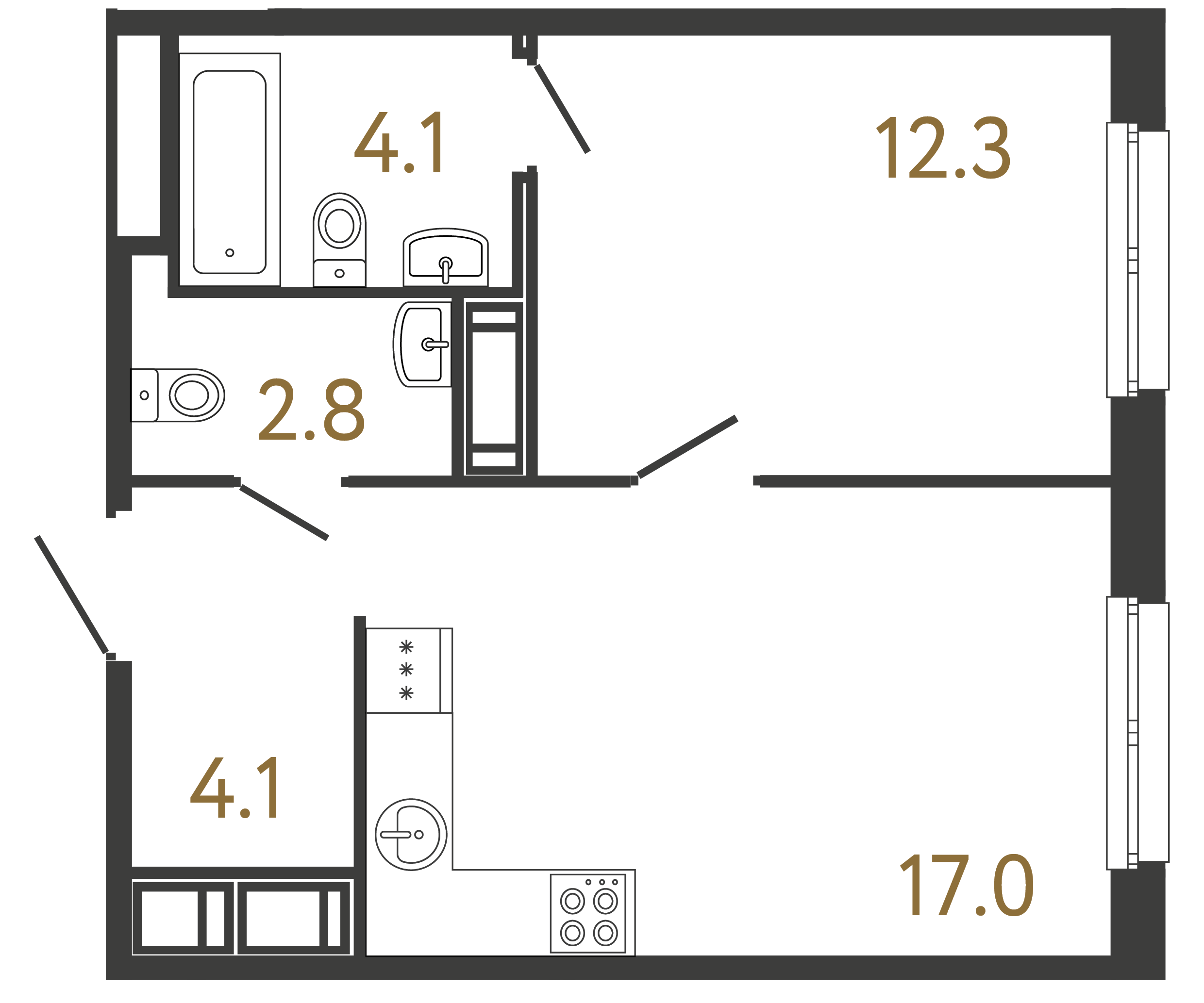 Однокомнатная квартира 40.3 м²