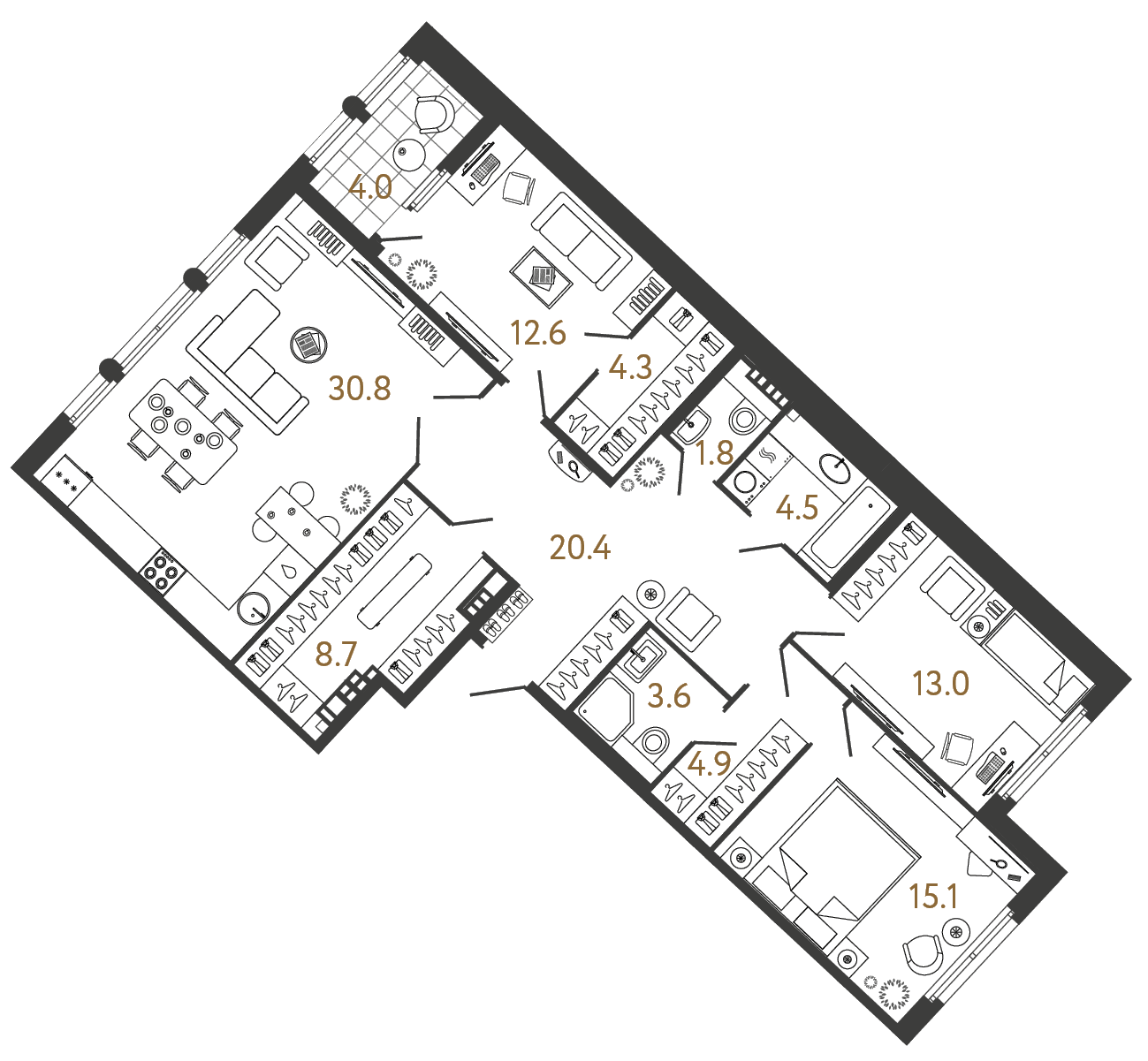 Трёхкомнатная квартира 119.7 м²