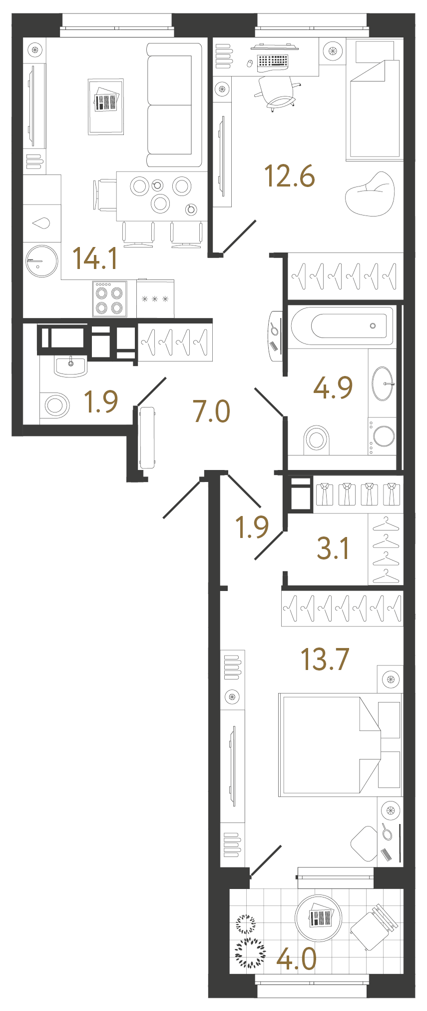 Двухкомнатная квартира 59.2 м²