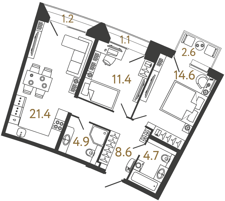 Двухкомнатная квартира 65.6 м²