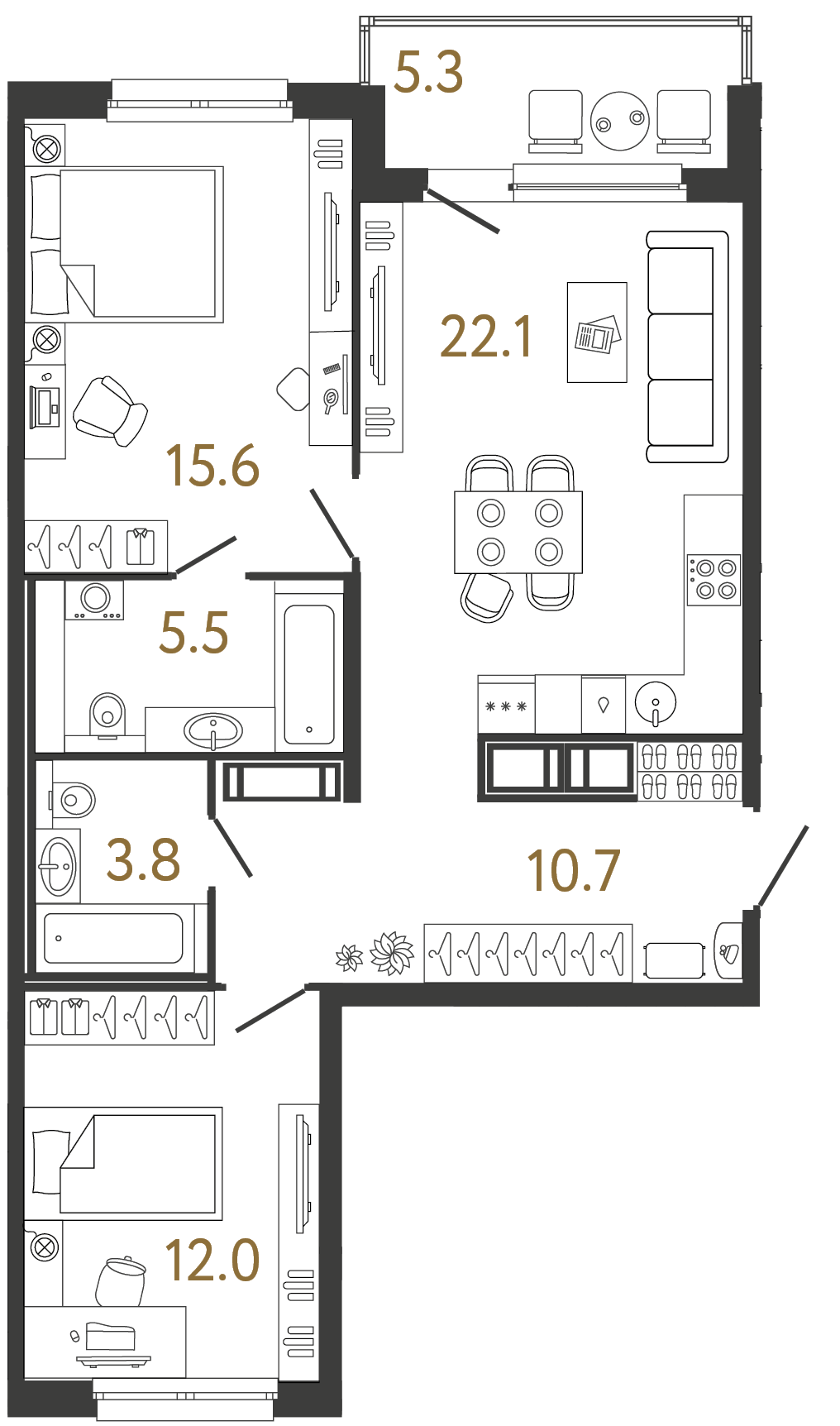 Двухкомнатная квартира 69.7 м²