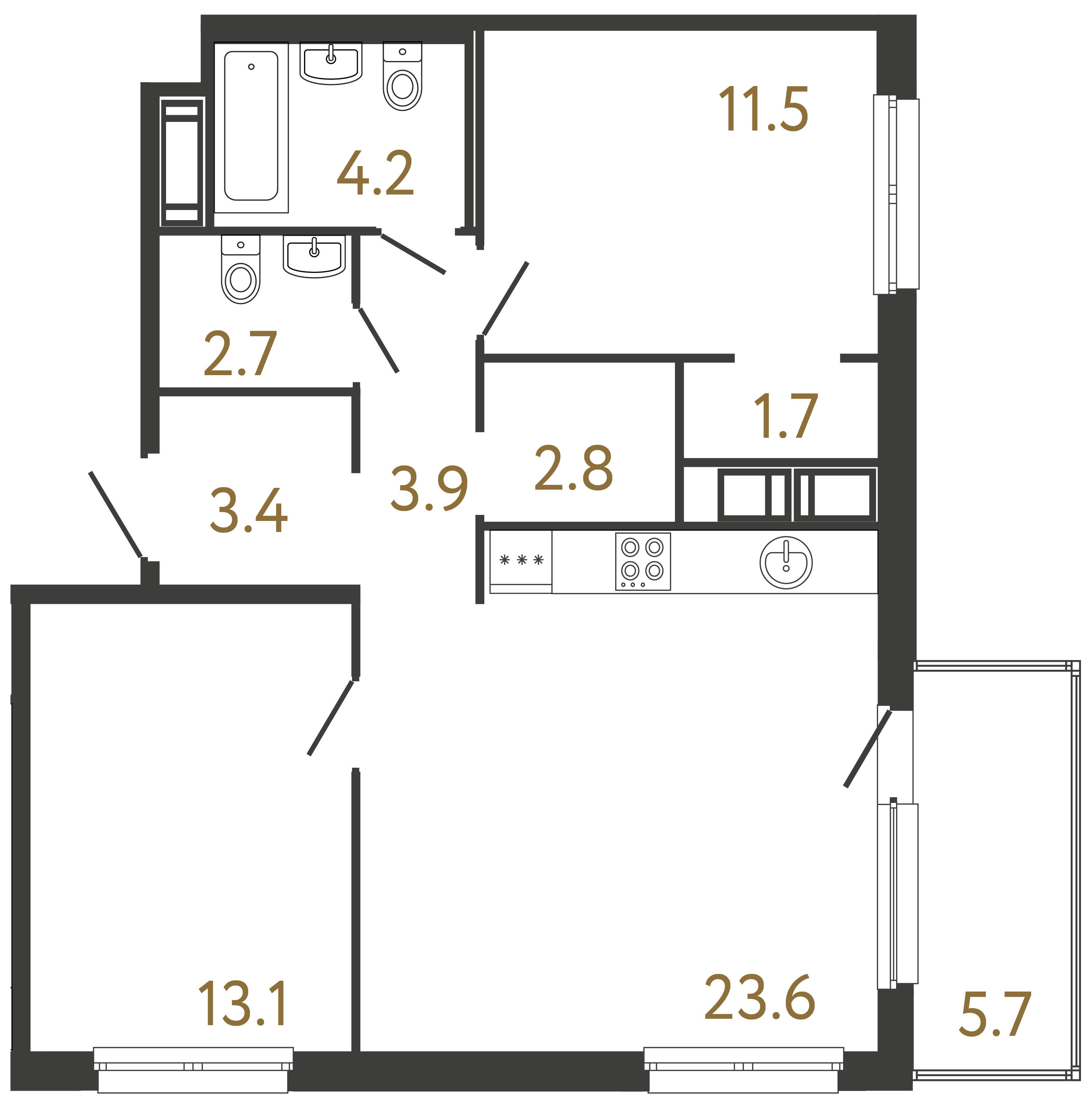 Двухкомнатная квартира 66.9 м²