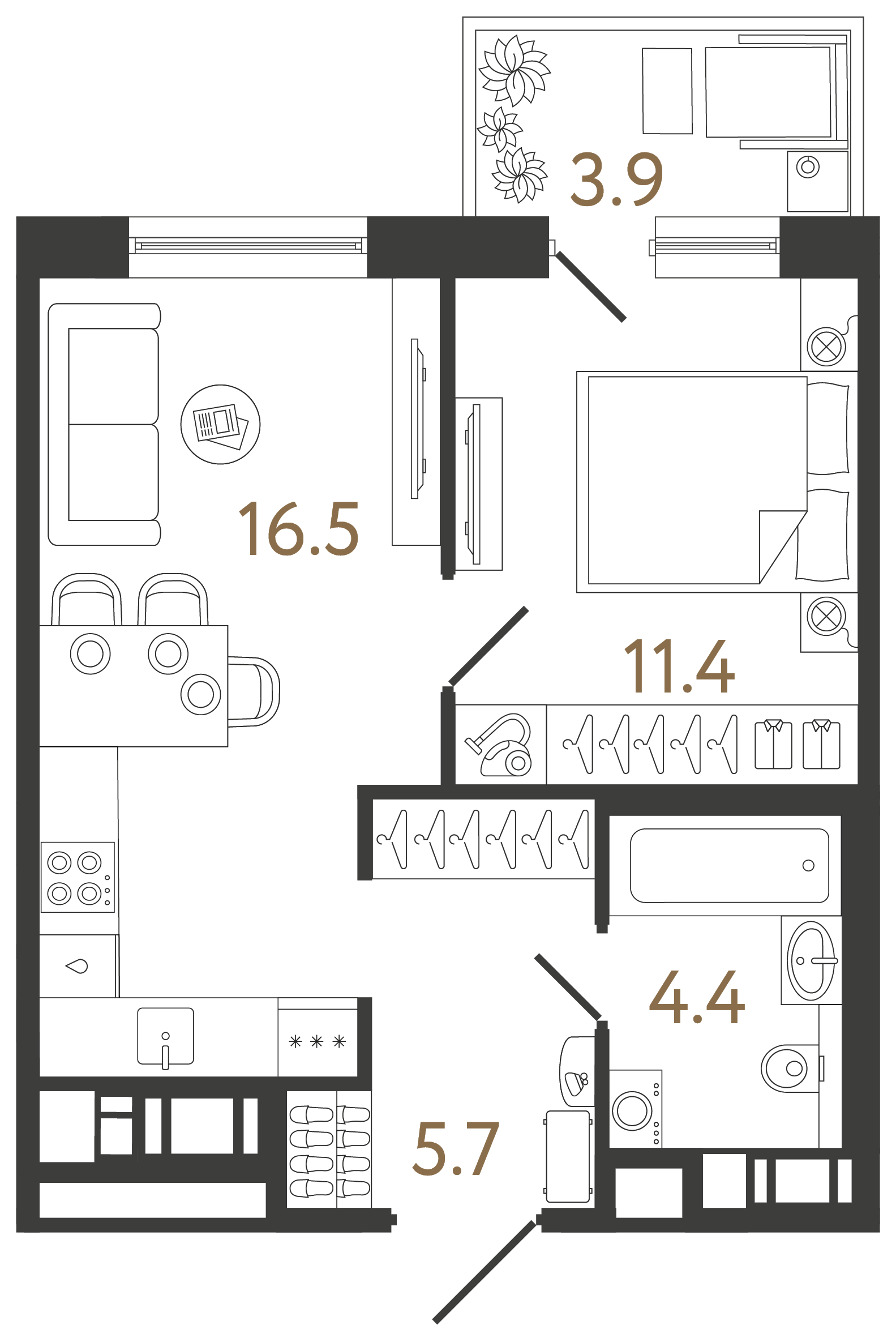 Однокомнатная квартира 38 м²