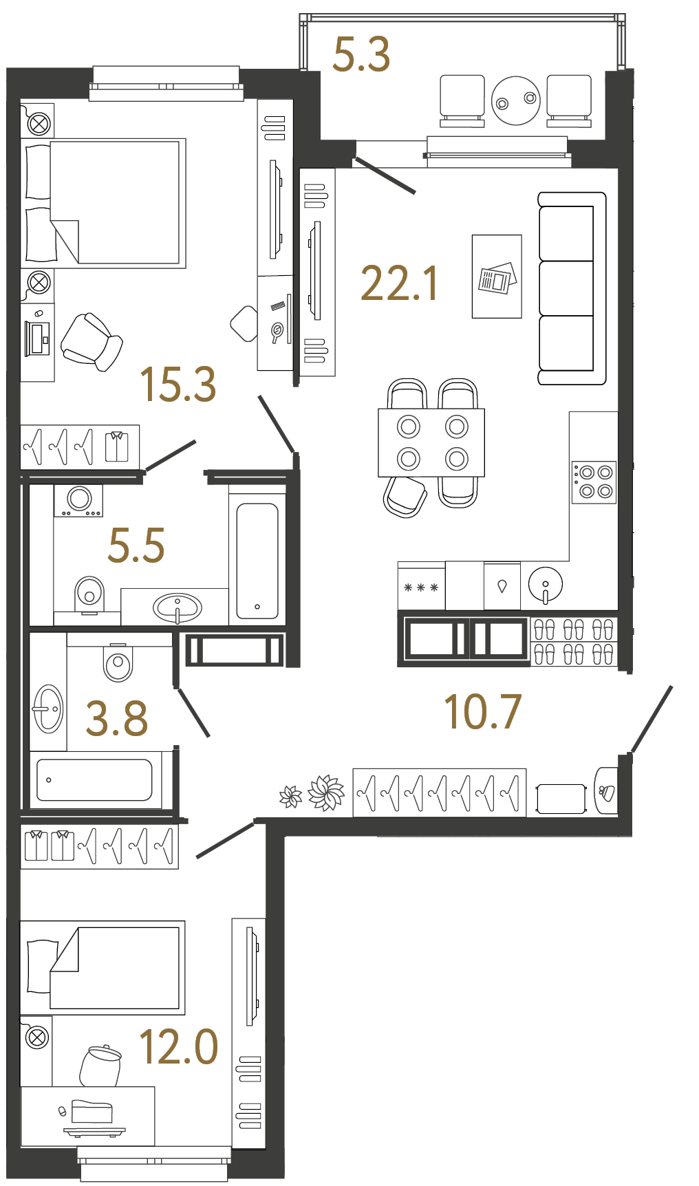 Двухкомнатная квартира 69.4 м²