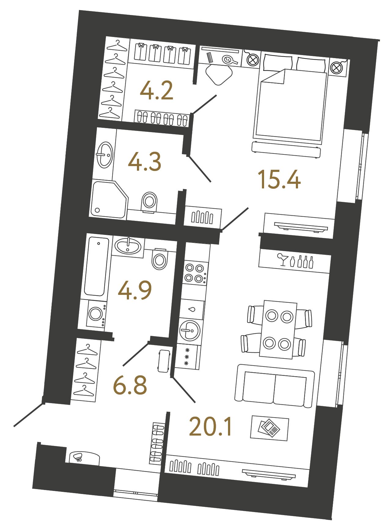 Однокомнатный номер 55.7 м²