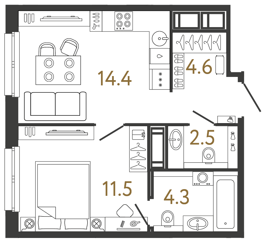 Однокомнатная квартира 37.3 м²