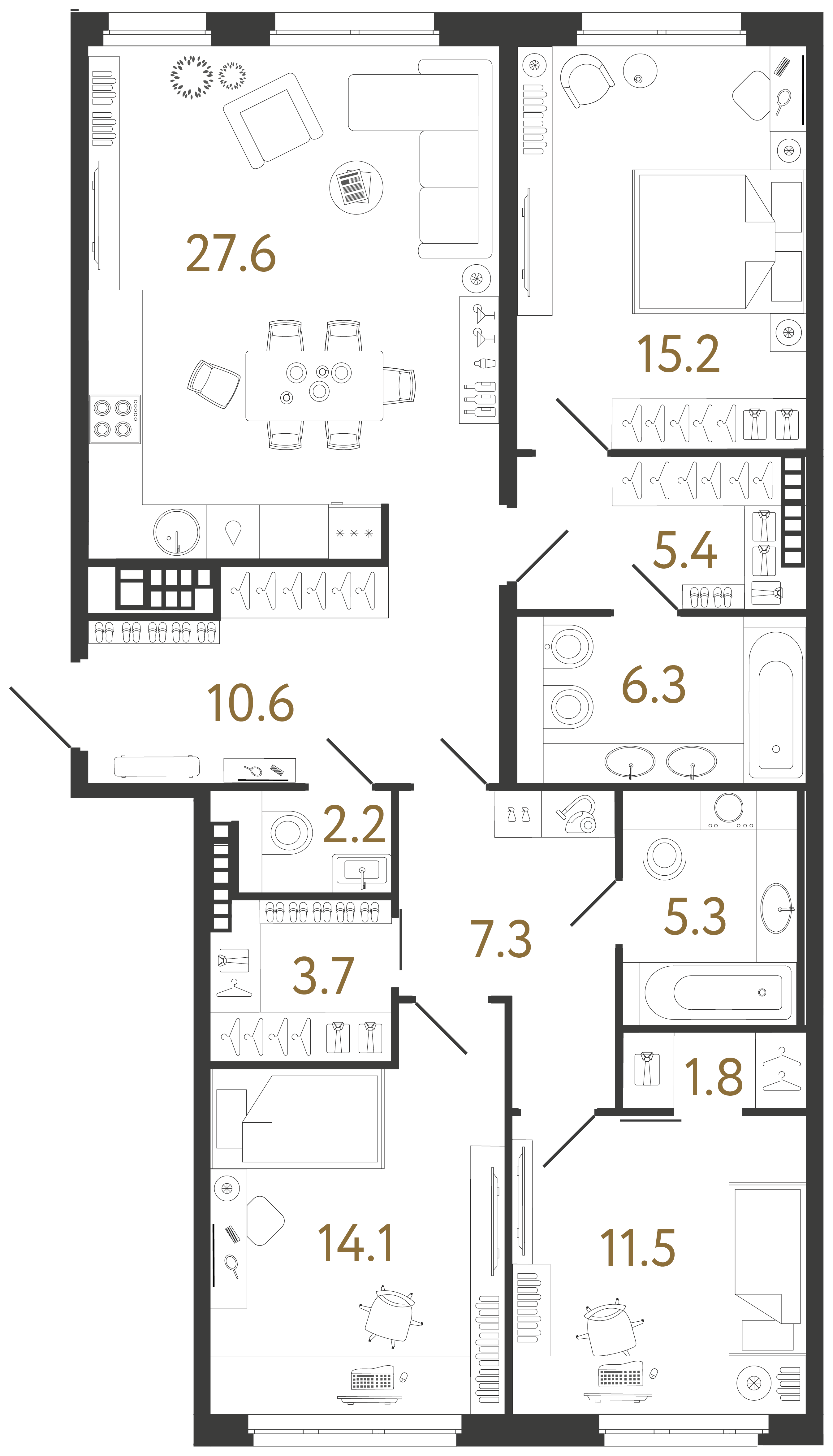 Трёхкомнатная квартира 111 м²